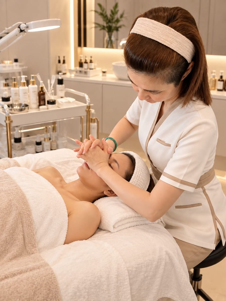 Therapist giving a relaxing facial