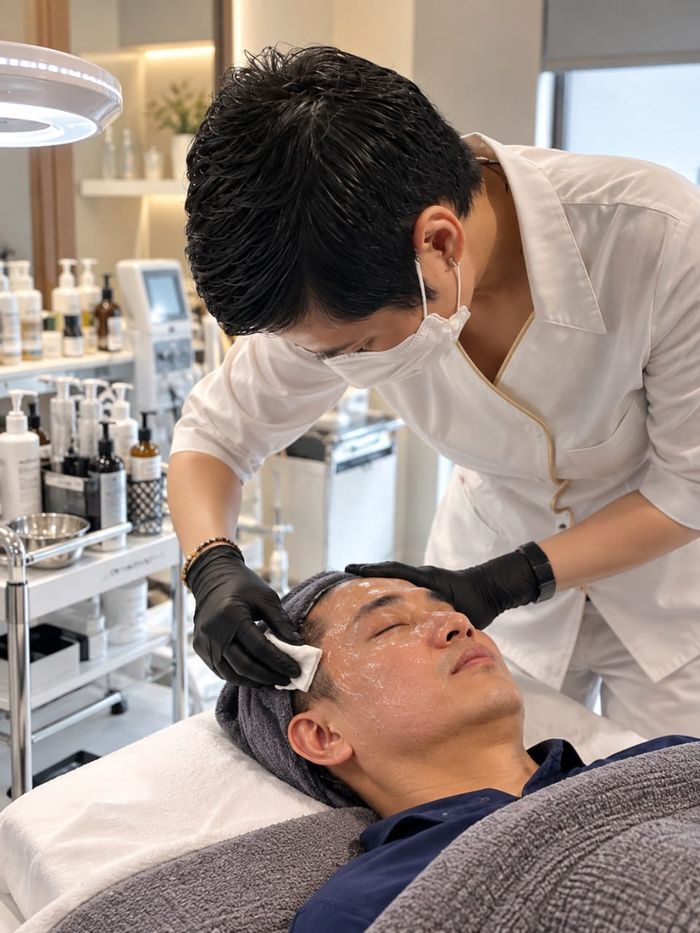 Therapist cleansing a client's face before treatment